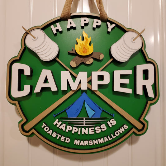 Happy Camper Marshmallow Sticks Door Hanger Sign